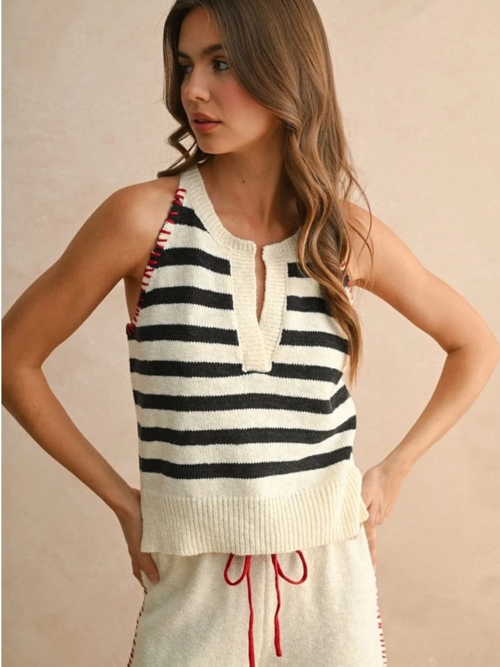 MIOU MUSE Medium Navy Stripe Stitch Detailed Knitted Tank Top